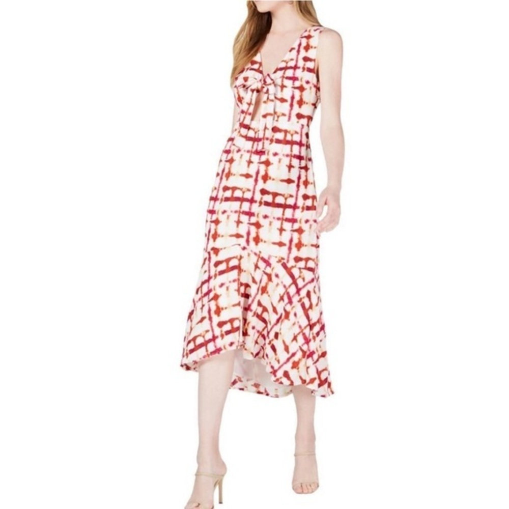 Leyden Red, Berry, Yellow & Ivory Asymmetrical Hemline Tie-Dye Dress NWT Sm $128